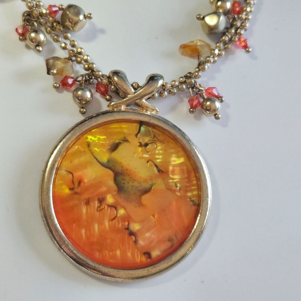 KC Gold Tone Orange Yellow Round Chunky Pendant Necklace 16-19"